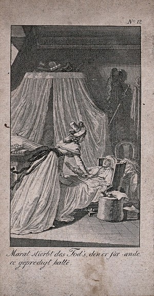 view The assassination of Jean Paul Marat: Charlotte Corday is about to stab Marat in the bath. Etching after J.D. Schubert.