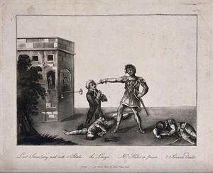 view An man in classical costume (Lord Strawberry), standing outside a prison, is pointing his pistol at the man kneeling at his feet amidst two corpses. Aquatint, 1811.