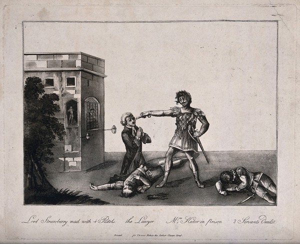 An man in classical costume (Lord Strawberry), standing outside a prison, is pointing his pistol at the man kneeling at his feet amidst two corpses. Aquatint, 1811.