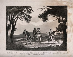 view A young woman rushes to the aid of a woman (Lady Strawberry) fainting into the arms of servants after taking poison, with her distressed husband (Lord Strawberry) standing nearby. Aquatint.