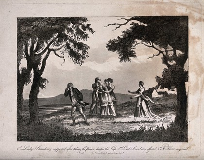 A young woman rushes to the aid of a woman (Lady Strawberry) fainting into the arms of servants after taking poison, with her distressed husband (Lord Strawberry) standing nearby. Aquatint.