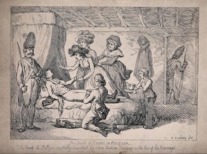 view Count de Peltzer lying mortally wounded on his bed attended by his fiancée Mlle de Benskow, her mother and her brother, and a boy bringing soup for the dying man. Etching after H.W. Bunbury.
