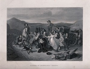 view The murder of Archbishop Sharp: he is lying on the ground before his coach, his daughter is restrained from attending him as one of the surrounding men draws his sword. Line engraving by H. Bourne after W. Allan.