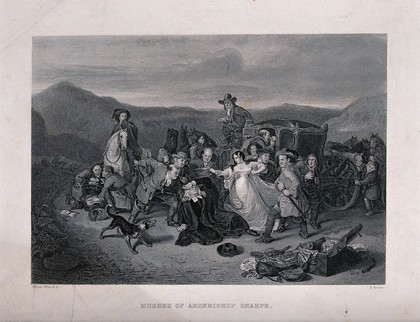The murder of Archbishop Sharp: he is lying on the ground before his coach, his daughter is restrained from attending him as one of the surrounding men draws his sword. Line engraving by H. Bourne after W. Allan.