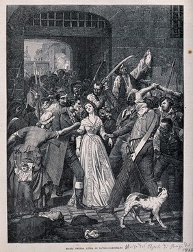 Maria-Theresa of Savoy-Carignan, Princess of Lamballe, is led out through the gates of La Force prison to the street in Paris where she is killed by the Revolutionary mob. Wood engraving.