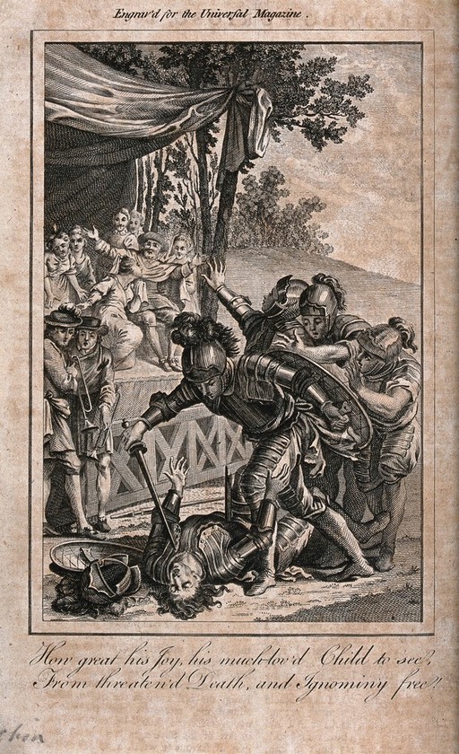 A young knight in metal armour is about to stab his opponent with his sword and a king rejoices in the background. Line engraving with etching.