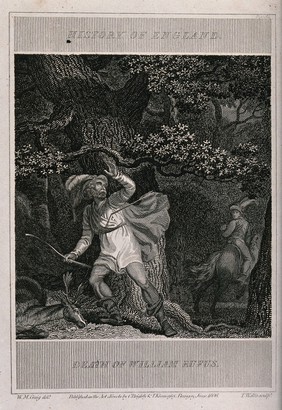 The death of William II (William Rufus): William has been shot with an arrow on a hunt in a forest. Etching by T. Wallis after W. M. Craig.