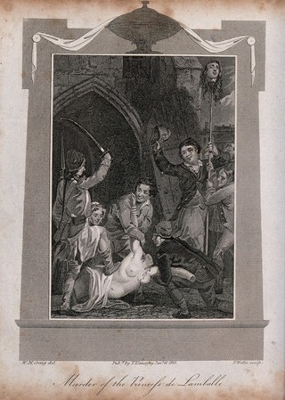 The murder of Maria-Theresa of Savoy-Carignan, Princess of Lamballe: French revolutionaries dragging her naked, headless, body along the streets of Paris with her head on a pike. Etching by T. Wallis after W.M. Craig, 1815.