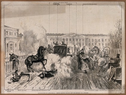 The assassination of Alexander II: the place outside the Winter Palace is strewn with corpses and debris of the bomb-explosion, while Alexander emerges alive from his coach. Process print (?).