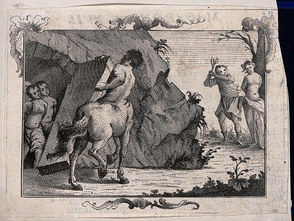 An episode in Baldo by Teofilo Folengo (Merlin Cocai): a centaur releases Falchetto and his companions from a cave, while Cingar ties Muselina to a tree and whips her with branches. Etching.