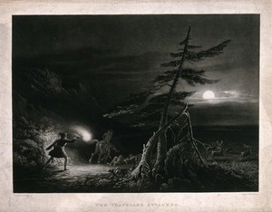 view A traveller is attacked by brigands at night in a wild terrain. Mezzotint by W. Giller after D.T. Egerton, 1828.