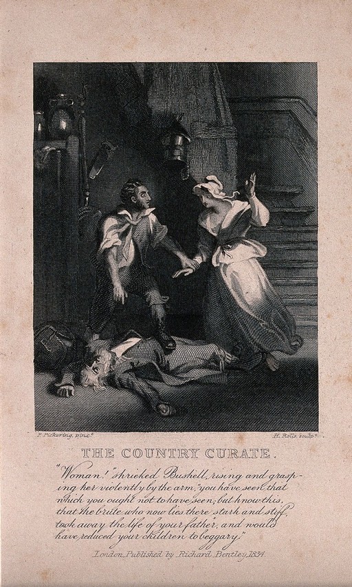 A young man standing with his right foot on the corpse of an old man restrains a young lady from rushing to the old man's aid. Line engraving by H. Rolls after F. Pickering.