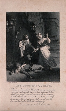 An episode in 'The country curate' by G.R. Gleig: John Bushell the smith murders Noah, a Jewish pedlar; Bushell's wife Martha rushes into the room. Engraving by H. Rolls after F. Pickering, 1834.