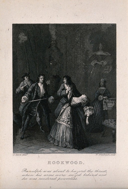 A man is about to stab a young lady who fainted in his arm when another man with a drawn sword interferes. Line engraving by W. Greatbach after J. Cawse, 1837.