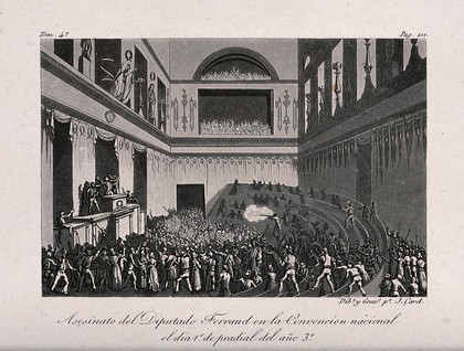 The assassination of the Deputy Jean-Bertrand Féraud in the National Convention, Paris, in 1795. Aquatint by J. Card.