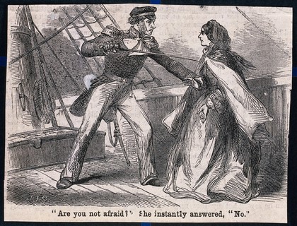 A sailor threatening a young woman with a sword on board of a ship. Wood engraving by J.J..