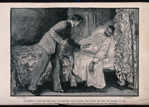 A gentleman holding a dagger approaches a sleeping man in his bedchamber. Reproduction of a wood engraving by R. Taylor after M.L. Gow.