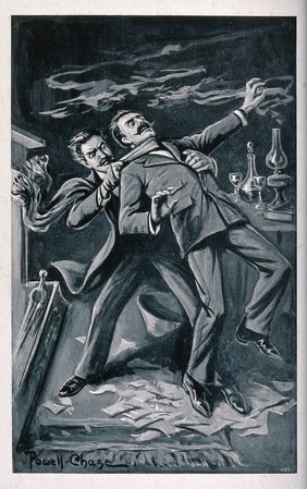 A man performing a chemical procedure is approached from behind behind by another man who strangles him with a scarf. Process print by V&C after P. Chase.