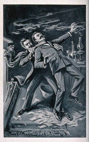 view A man performing a chemical procedure is approached from behind behind by another man who strangles him with a scarf. Process print by V&C after P. Chase.