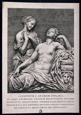 The suicide of Cleopatra: Cleopatra is lying dead on her bed, mourned by a servant. Etching by G.B. Cipriani after B. Cellini.