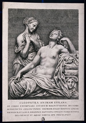 view The suicide of Cleopatra: Cleopatra is lying dead on her bed, mourned by a servant. Etching by G.B. Cipriani after B. Cellini.