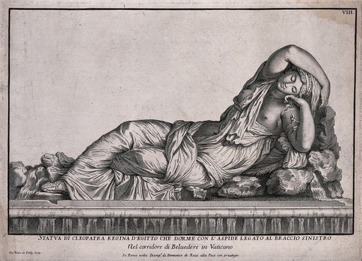 The suicide of Cleopatra: the asp is wriggling up the left arm of the sleeping Cleopatra. Line engraving by J.B. de Poilly after a statue in the Vatican.