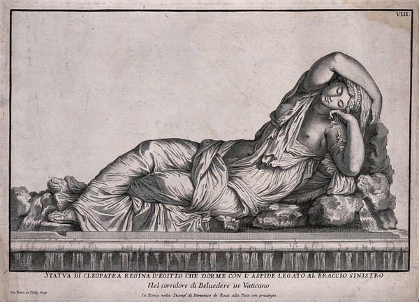 The suicide of Cleopatra: the asp is wriggling up the left arm of the sleeping Cleopatra. Etching by J.B. de Poilly after a statue in the Vatican.