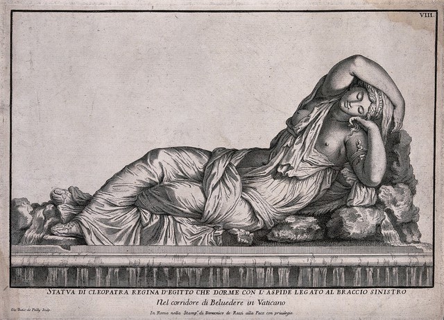 The suicide of Cleopatra: the asp is wriggling up the left arm of the sleeping Cleopatra. Etching by J.B. de Poilly after a statue in the Vatican.