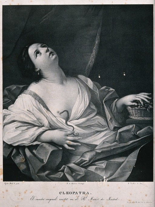 The suicide of Cleopatra: Cleopatra lies on her bed clasping the tail of the asp that just bit her. Lithograph by J. Madrazo y Agudo after a painting by Guido Reni.