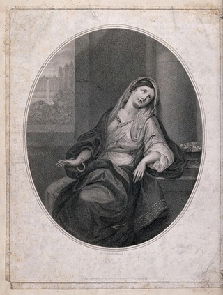 The suicide of Cleopatra: Cleopatra is sitting on a chair while the asp wriggles up her right arm. Stipple engraving by Clark after himself.