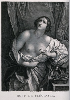 The suicide of Cleopatra: Cleopatra is standing next to her bed holding the asp in her left hand. Line engraving by N. Mire after J.B. Wicar after G. Reni, 1788.