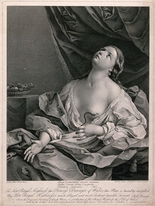 The suicide of Cleopatra: Cleopatra is shown lying on her bed grasping the tail of the asp with her left hand. Line engraving by R. Strange after a painting by Guido Reni, 1753.