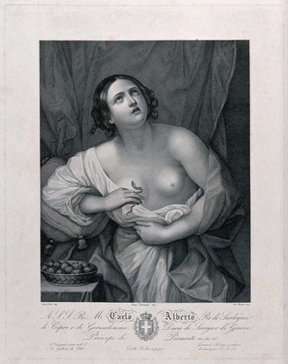 The suicide of Cleopatra: Cleopatra is standing next to her bed grasping the tail of the asp with her right hand. Line engraving by G. Rivera after F. Pieraccini after a painting by Guido Reni.