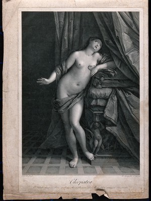 view The suicide of Cleopatra: Cleopatra stands next to her bed holding the asp in her left hand. Line engraving by R. Strange after G. Reni, 1777.