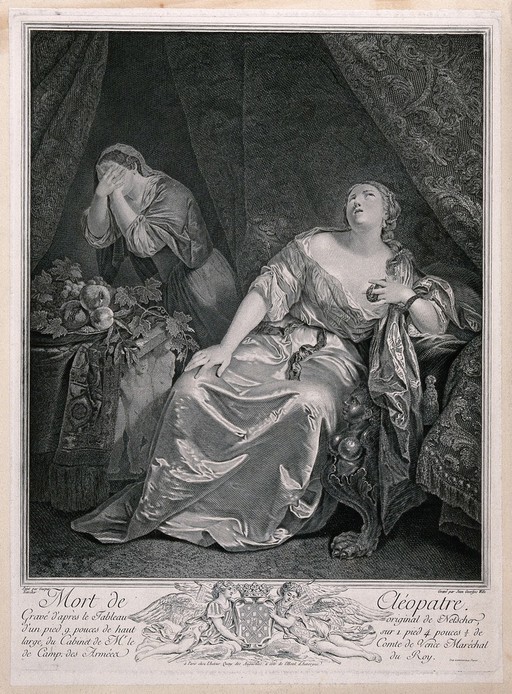 The suicide of Cleopatra: Cleopatra is shown seated on a chair with the asp wriggling up her left arm while her maid shields her face in a gesture of horror and grief. Line engraving by J.G. Wille after C. Netscher.