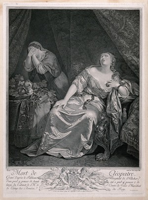 view The suicide of Cleopatra: Cleopatra is shown seated on a chair with the asp wriggling up her left arm while her maid shields her face in a gesture of horror and grief. Line engraving by J.G. Wille, 175-, after C. Netscher.