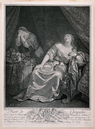 The suicide of Cleopatra: Cleopatra is shown seated on a chair with the asp wriggling up her left arm while her maid shields her face in a gesture of horror and grief. Line engraving by J.G. Wille, 175-, after C. Netscher.