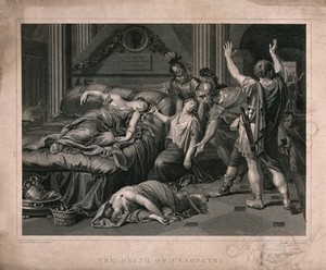 view The suicide of Cleopatra: Roman soldiers discover Cleopatra lying dead on her bed with the asp wriggling on her left arm and her dead maid lying next to the bed. Line engraving by E. Smith after D. Zampieri, il Domenichino.