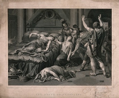 The suicide of Cleopatra: Roman soldiers discover Cleopatra lying dead on her bed with the asp wriggling on her left arm and her dead maid lying next to the bed. Line engraving by E. Smith after D. Zampieri, il Domenichino.