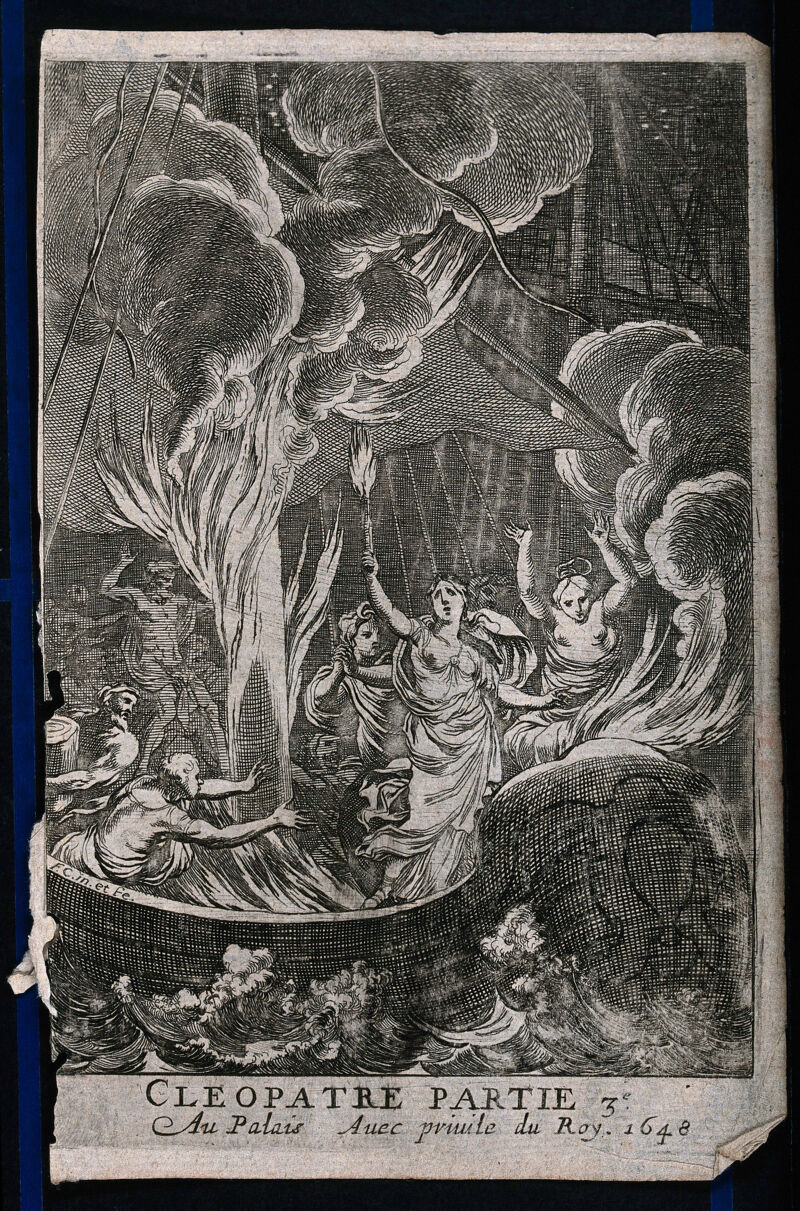 Cleopatra setting fire to the sails of a ship. Etching by F. Chauveau., 1648., 1648, by François Chauveau