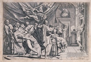 view The suicide of Cato. Etching by P. Testa, 1648.
