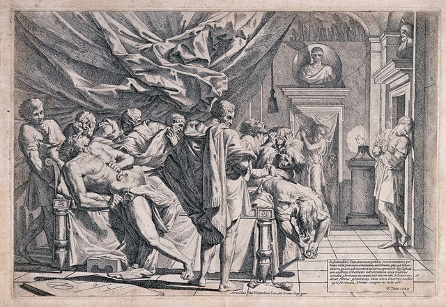 The suicide of Cato. Etching by P. Testa, 1648.