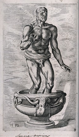 Seneca preparing his own death in a bath. Etching by F. Perrier.