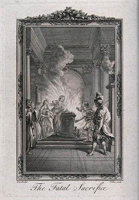 An episode in the play Olimpie by Voltaire: Olympia throws herself on the fire out of her love for Cassander, the murderer of her father Alexander the Great. Etching by Walker after H. Gravelot.