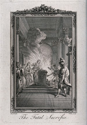 view An episode in the play Olimpie by Voltaire: Olympia throws herself on the fire out of her love for Cassander, the murderer of her father Alexander the Great. Etching by Walker after H. Gravelot.