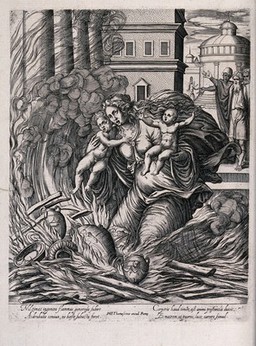 The wife of Hasdrubal the Boetharch, seeing the defeat of Carthage by the Romans, throws herself and her children into a blazing temple in front of distressed onlookers. Engraving by P. Woeiriot.