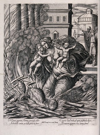 The wife of Hasdrubal the Boetharch, seeing the defeat of Carthage by the Romans, throws herself and her children into a blazing temple in front of distressed onlookers. Engraving by P. Woeiriot.