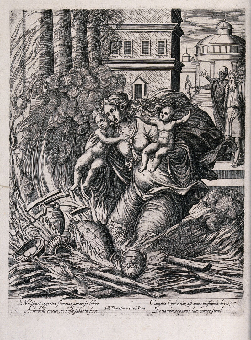 The wife of Hasdrubal the Boetharch, seeing the defeat of Carthage by the Romans, throws herself and her children into a blazing temple in front of distressed onlookers. Engraving by P. Woeiriot., by Pierre Woeiriot