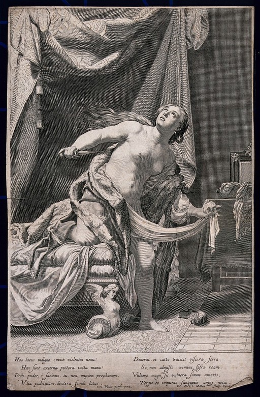 A young woman rises from her bed holding a dagger in her right hand about to commit suicide. Line engraving by C. Mellan after S. Vouet.