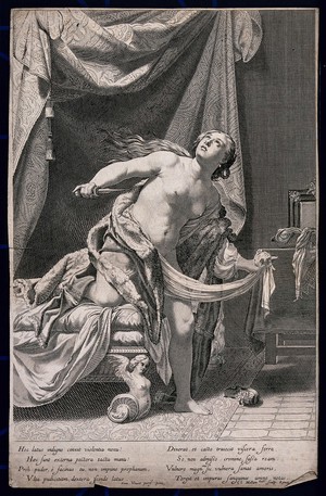 view Lucretia about to kill herself. Engraving by C. Mellan after S. Vouet.